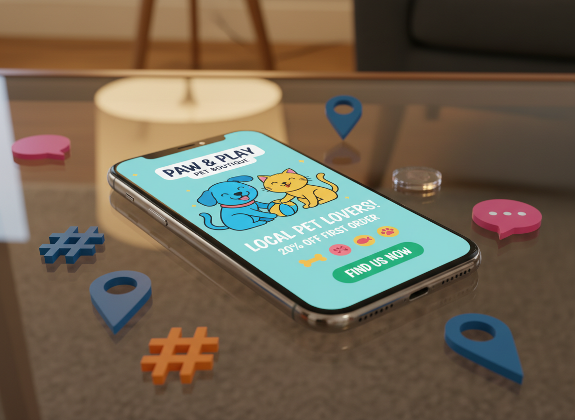 A close-up of a modern glass smartphone resting on a reflective glass coffee table, its screen displaying a vibrant local business ad with bold colors, playful icons, and a clear call-to-action button. Around the phone lie scattered transparent acrylic tokens shaped like location pins, hashtags, and chat bubbles, catching the light. Soft, warm indoor lighting from a nearby floor lamp creates gentle highlights along the phone’s beveled edges and soft shadows beneath the tokens. Shot from a slightly elevated angle with a shallow depth of field, the phone and the nearest tokens are in crisp focus while the background melts into a smooth blur. The photographic style feels dynamic and playful, conveying the impact of mobile-first digital marketing for neighborhood businesses.