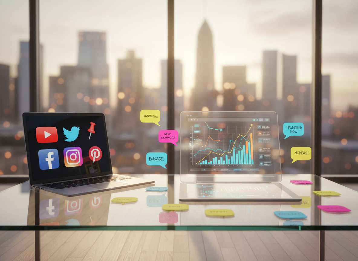 A sleek glass desk covered in playful, colorful digital marketing elements: a transparent tablet displaying an analytics dashboard with rising graphs, a glossy laptop screen filled with social media icons, and vibrant sticky notes shaped like speech bubbles scattered around. The desk stands in front of a large floor-to-ceiling window overlooking a softly blurred cityscape. Late afternoon natural light pours in, creating crisp reflections on the glass surfaces and subtle shadows on the polished floor. Captured at an eye-level angle with a shallow depth of field, the focus is sharp on the glowing screens while the background fades into a gentle bokeh. The photographic realism style feels energetic, modern, and optimistic, perfectly evoking local digital marketing momentum.