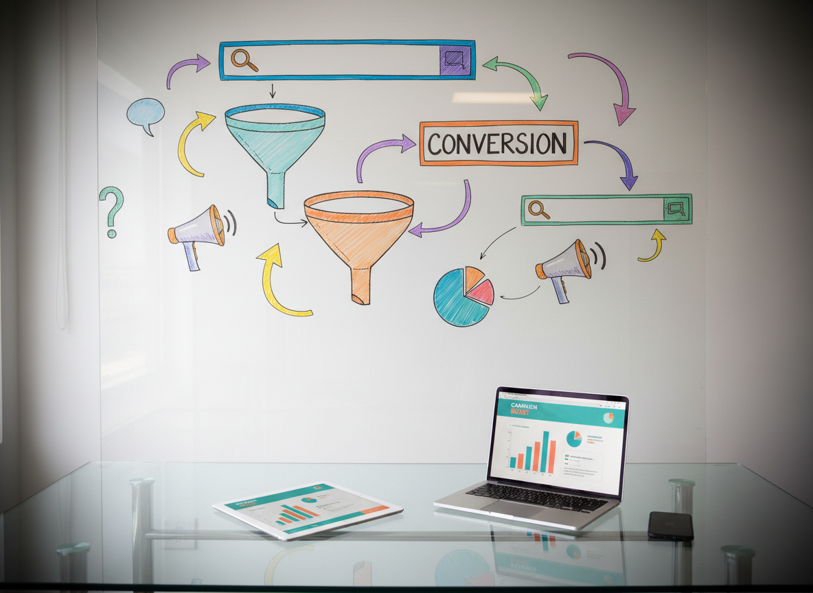 A clean, bright workspace featuring a transparent acrylic whiteboard wall filled with hand-drawn, colorful digital marketing diagrams: funnels, arrows, search icons, and playful doodles of chat bubbles and megaphones. Below, a glossy glass-topped table holds a neatly arranged collection of sleek devices—tablet, smartphone, and laptop—all displaying consistent branding colors and simple, bold charts. Soft, diffused daylight from an unseen window gently illuminates the space, creating light reflections on the glass surfaces without harsh shadows. The composition is framed using the rule of thirds, photographed straight-on with high clarity and a subtle vignette. The atmosphere is energetic yet organized, with a fun, strategic vibe that reflects a local agency planning a campaign with precision and creativity.