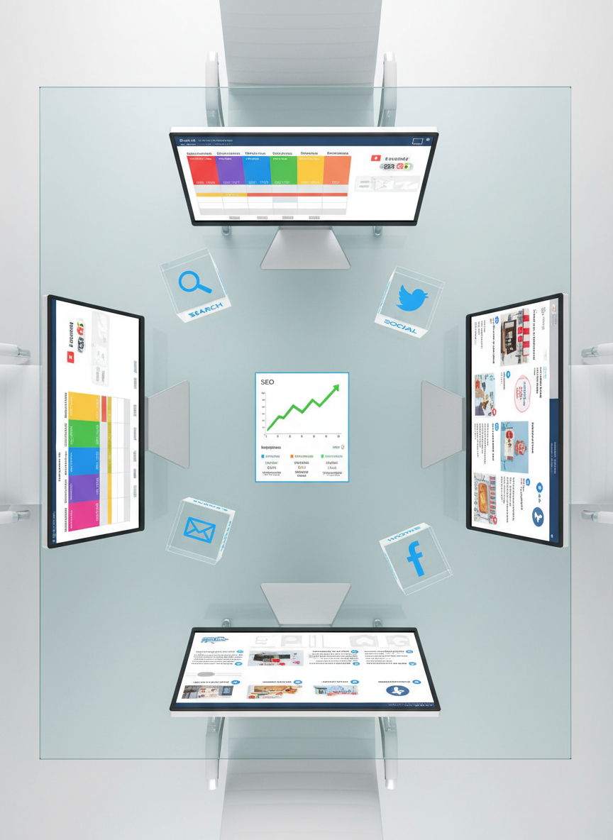 An overhead photographic view of a glass-topped conference table arranged like a digital marketing control center. On the clear surface sit multiple slim monitors showing different aspects of a campaign: one with a colorful content calendar, another with rising SEO graphs, and a third with playful social media posts. Between them, transparent acrylic cubes etched with icons for search, email, and social are scattered like game pieces on a board. Bright, even studio lighting eliminates harsh shadows and makes every reflection crisp and clean. The composition is symmetrical from a bird’s-eye view, emphasizing order and strategy. The mood is energetic and slightly gamified, suggesting that managing digital marketing for local businesses can be both structured and fun.