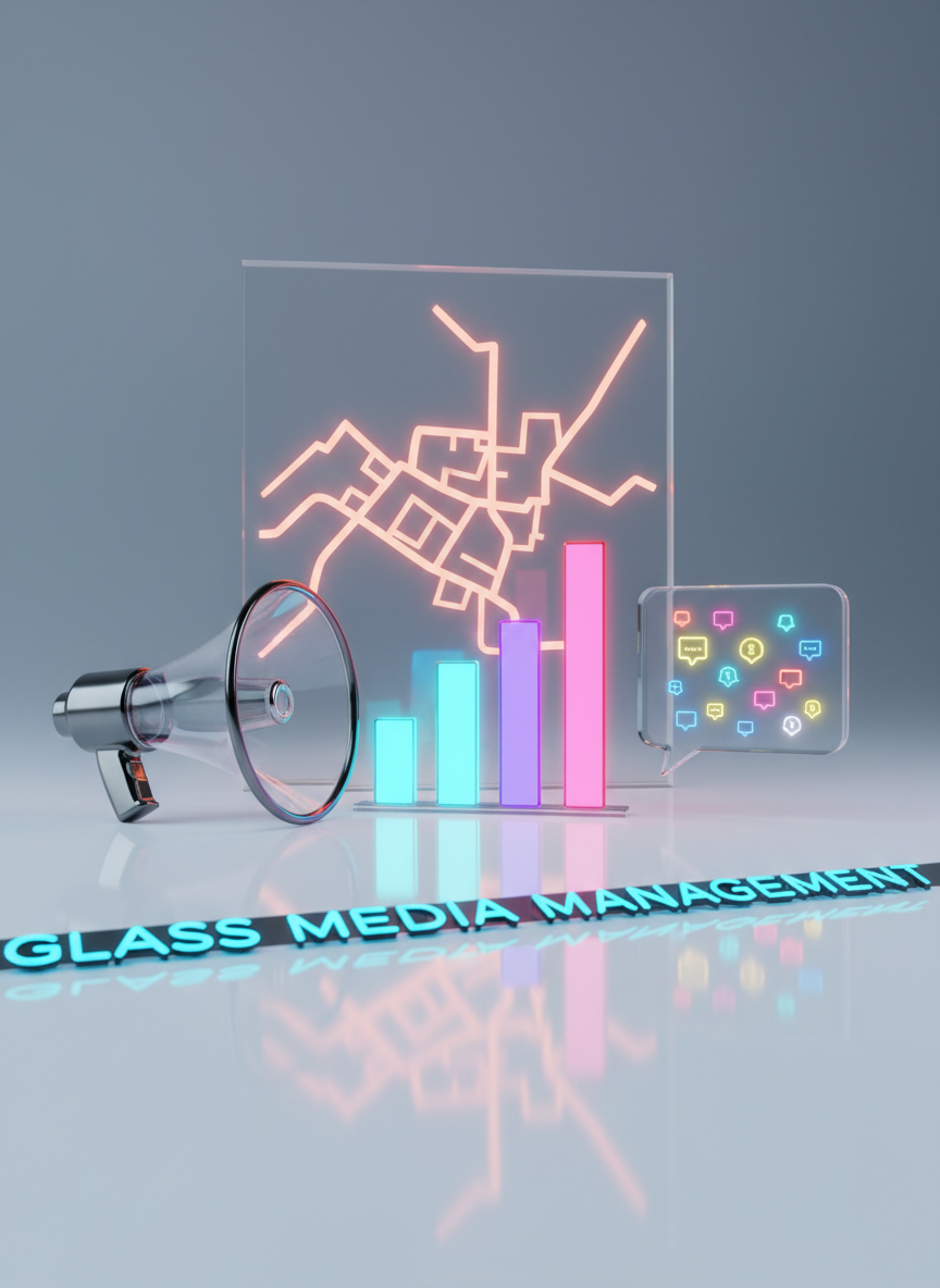 A playful, hyper-realistic arrangement of glass and neon objects on a glossy white surface, representing the components of digital marketing. A crystal-clear glass megaphone, a translucent bar chart with rising columns in bright cyan and magenta, and a glass speech bubble filled with tiny glowing notification icons sit side by side. Behind them, a semi-transparent acrylic panel displays a softly glowing outline of a local map with highlighted neighborhoods. Cool, even studio lighting creates precise reflections and delicate refractions through the glass, casting colorful streaks on the surface. Captured at a low, cinematic angle with a medium depth of field, the front objects are sharp while the map gently blurs. The overall effect is modern, vibrant, and slightly whimsical, echoing an energetic agency brand named "Glass Media Management."